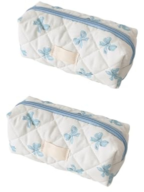 Pennfodral med rosett – multifunktionellt pennfodral med blixtlåsfack, bärbar sminkväska och toalettfodral för kontorsmaterial, toalettartiklar, smink, 2 delar, BLÅ, Refer to description, Unisex