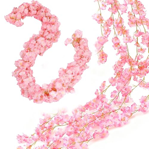 KUWUNG Kirschblüten Deko Blumen, 5 Stück Rosa Blumengirlande Künstlich, 180cm Kirschblüten Girlande, Hängend Blumenranken Künstlich Sakura Deko Für Hochzeit Wand Party, Haus, Garten Dekoration