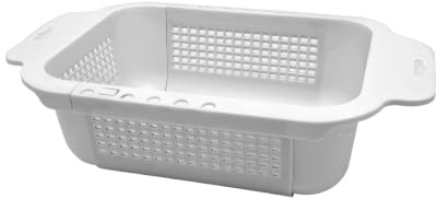SuperAuriga Over The Sink Colander Strainer Basket, Foldable Strainer & Expandable Colander for Washing Veggies/Fruits, Draining Pasta Spaghetti, Food-Grade Silicone Frame (White)