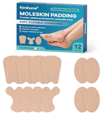 Kimihome Moleskin Almohadillas para pies y zapatos, almohadillas adhesivas de prevención para caminar, senderismo, correr, almohadillas para los dedos para reducir la fricción y el dolor (12 unidades)