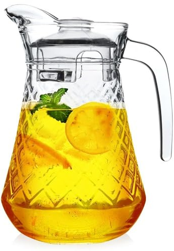 Vilde Glaskrug mit Deckel geriffeltes Glas rechteckig (Glaskrug, 1,4L) | Wasserkaraffe Griff schmal für Kühlschrank Saft Limonade Eistee