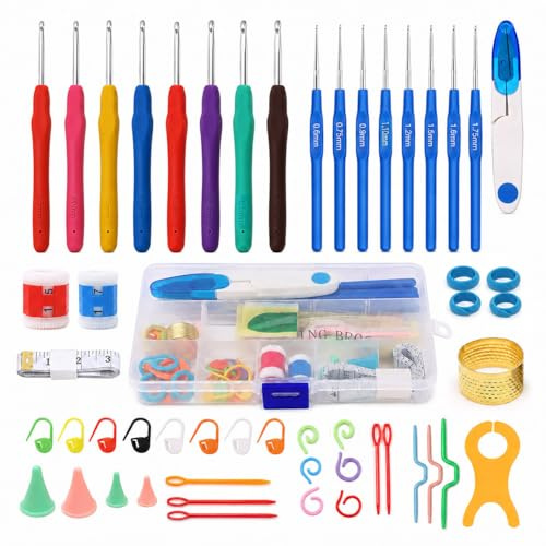 YYGMSS Lot de 59 Crochets pour Débutants, Kit Complet avec 8 Mini Crochets Ergonomiques et Accessoires, Outils de Crochet pour Loisirs Créatifs, Cadeau pour Femme et Enfant