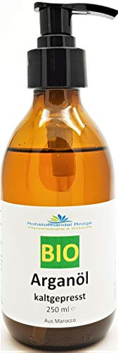 Arganöl BIO 250 ml 100% kaltgepresst in Glasflasche mit Pumpe- Pflegeöl für Gesicht, Haut, Haar, Bart & Nagelhaut