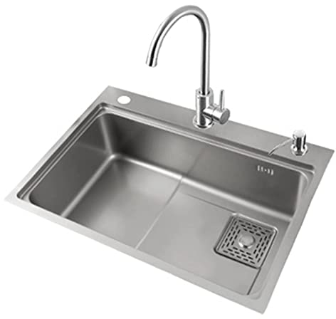HGTRH Fregadero INOX con Escurridor,Fregadero De Cocina Barato Grifos Cocina Fregadero De Acero Inoxidable con 1 Agujero Desagüe Derecha Y Tubo Rebosadero sobre Encimera, Bajo Encimera O Enrasado
