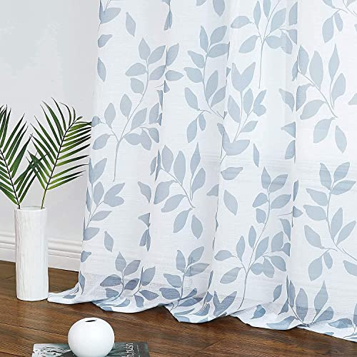 Transparent Gardinen Hellblau Blätter auf Weiß Voile Gardinen mit Ösen Transparent Vorhänge Muster Durchsichtige Vorhänge für Dekoration Wohnzimmer Schlafzimmer Kinderzimmer,2 Stücke(136 x 245 cm)
