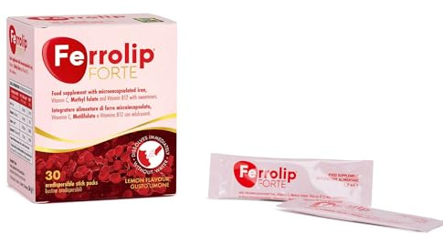 Ferrolip Forte Hierro Suplemento con Acido Folico (30 Sobres Orodispersables con Sabor a Limón) - Sin Efectos Secundarios Gastrointestinales - Sin Sabor Metálico - Con Vitamina C y B12