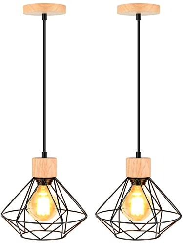 TOKIUS Lampada a Sospensione E27 Industriale Lampada da soffitto Camera da letto Ø220mm in Metallo e Legno Plafoniera Retro per Cucina Salotto(L-220mm-2pezzi)