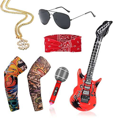 VIKSAUN 7 Pezzi Costume Rock Accessori, Accessori Costume Punk Anni '70 '80 '90 Kit, Accessori Punk Gotico, Vintage Rosso Cerchietto Tatuaggio Braccio Maniche Gonfiabile Chitarra Microfono (7 Pezzi)