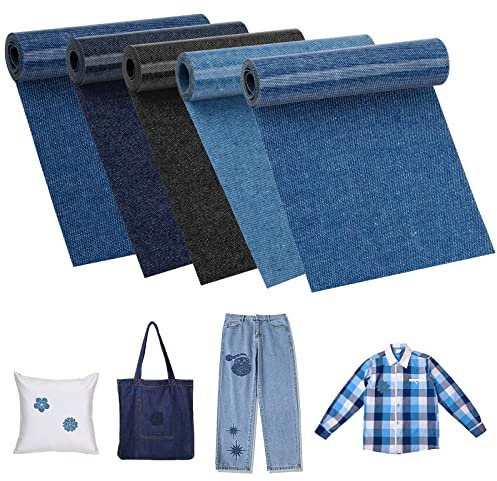 5 Rollen Jean Flicken zum Aufbügeln, 8 x 50cm Reparatur Patches, Kleidung Selbstklebende Bügelflicken, Denim Patches mit Nähzubehör, Aufbügelflicken für Jeans Kleidung Lochreparatur und Dekoration