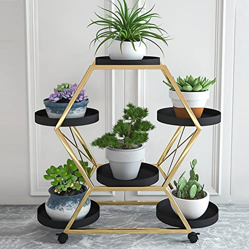 Pflanzenständer Metall - 6 Ebenen Blumenregal Blumentreppe, Pflanzenregal Blumenbank Mit Rädern, Eisen Pflanzentreppe Blumentisch, Für Blumentopf Hausgarten Eckveranda Indoor Outdoor ( Color : Black B