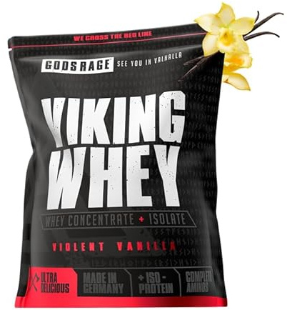 GODSRAGE® Viking Whey – Hochwertiges Molkenprotein für Muskelaufbau & Regeneration – 23 g Protein, cremige Konsistenz, Low Carb – Geschmack: (Violent Vanilla) – 1 kg Kraft-Formel