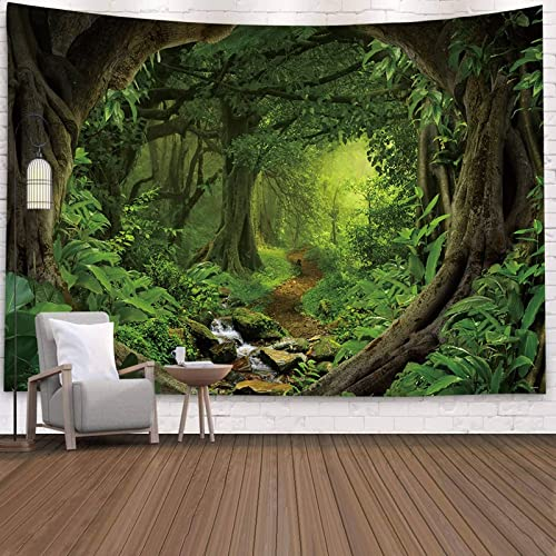 Tapisserie Murale Psychédélique, Forêt de la Jungle Suspendue Nature Paysage Esthétique pour Chambre Salon, Dortoir & Chambre Décor, Vert, Style 2, 150x130cm