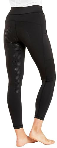 Harry Hall Classic Pull On Riding Tights with Full Silicone Seat - Two Phone Pockets - 4 Way Stretch Fabric - Deep Waistband - Soft Feel - Machine Washable - Black - MED
