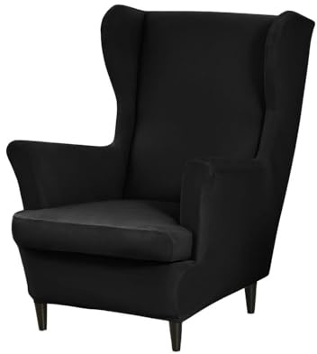 Highdi Housse de Fauteuil à Oreilles 2 Pièces Couverture de Fauteuil avec Housse de Coussin en T, Couleur Unie Housse de Fauteuil Extensible, pour Hôtel Salon Chambre (Noir)