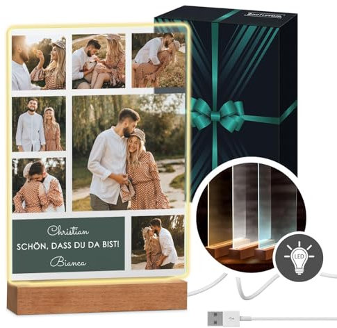 Maverton beleuchteter LED-Rahmen mit Holzständer - personalisiertes Acryl Glasbild mit eigenem Foto mit LED-Beleuchtung - Glasfoto für Männer zum Geburtstag - Größe: 21x32x4,5cm - Collage