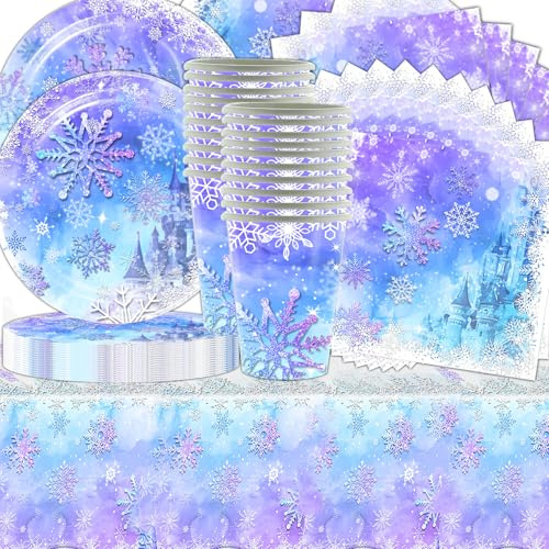 Shamoparty Blaue und lila Schnee Partygeschirr, 61stk Party Tischdekorationen,Schneeflocke Partygeschirr,Weihnachten, Kindergeburtstag Party Deko, Tischdekoration im Winterwunderland