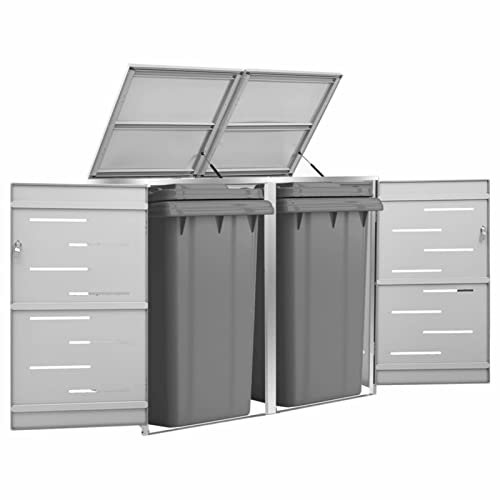 TANZEM Mülltonnenbox für 2 Tonnen, Mülltonnenverkleidung, Gartenbox, Gartenschrank, Mülltonnenschrank, Geräteschrank, 138x77,5x115,5 cm Edelstahl