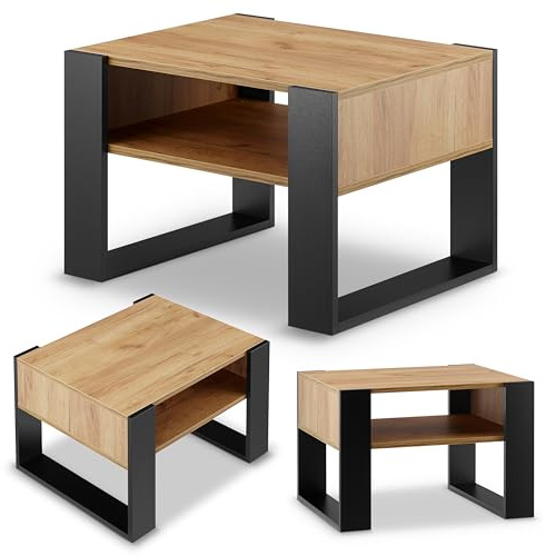 defiPad Tavolino da salotto con spazio di archiviazione, moderno tavolo da soggiorno in rovere | 65 cm di larghezza | tavolo da caffè massiccio e stabile | tavolino da caffè (Nero + Rovere)
