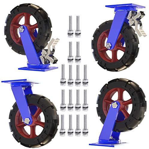 Industrial Heavy Duty Caster Steel Plate Rubber Wheel 2 with and 2 Without Brakes, Silent Shock Absorption Castor with Screws, Diameter 150mm/200mm/250mm/300mm, for Wheelbarrow/Tool Cart (Co