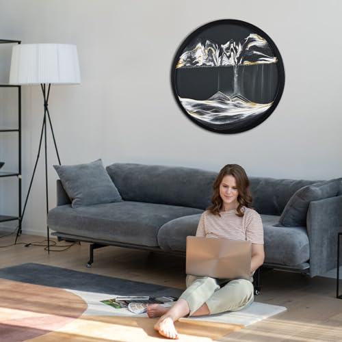 Sandbilder zum Drehen, Sandbild Fließende Sandmalerei, 3D Sanduhr Dynamisch Bewegtes Sandbild Natürliche Landschaft, 360° Fießender Sand Rahmen für Home Dekor (60cm, black and white-black ground1)