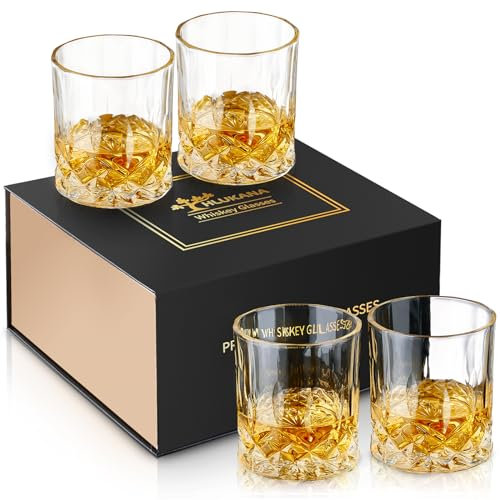 Hlukana Old Fashioned - Juego de 4 vasos de whisky de cristal de 11 onzas con caja de lujo, vasos de cóctel Bourbon, utensilios de bar para cóctel escocés, ron, vodka, licor, regalos para hombres