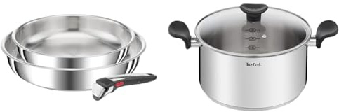 TEFAL Ingenio Preference On Lot de 2 Poêles 24/28 cm + poignée amovible, Induction, Acier inoxydable & Faitout 24 cm (5 L) + couvercle verre, Induction, Acier inoxydable haute qualité