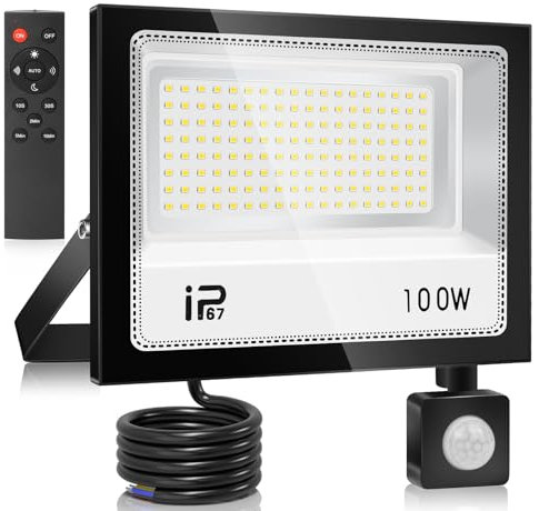 YZYFACAI 100W Télécommande Projecteur LED Detecteur de Mouvement，10000LM Spot LED Extérieur，7000K Blanc Froid，IP67 Etanche Super Lumineux Eclairage Exterieur pour Jardin, Patio, Garage