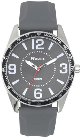 Ravel - Reloj de Hombre con Números Grandes en Tono Plateado y aro Superior Negro en Correa Deportiva de Silicona - Cuarzo Analógico - RS001