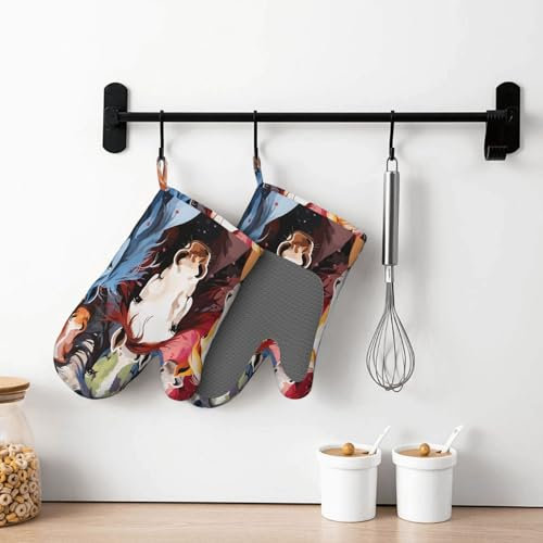 Silikon Ofenhandschuhe 2 Stück Bunte Cartoon Pferde Ofenhandschuhe für Damen Herren Hitzebeständige Grillhandschuhe Wasserdicht rutschfest BBQ Handschuhe für Küche Kochen