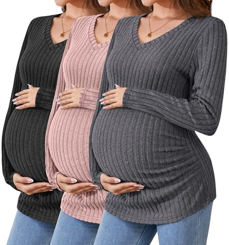 Ficerd Camisetas de Maternidad 3 Piezas, Ropa de Embarazo de Manga Larga, Cuello en V, suéter Acanalado para mamá(Gris Oscuro, Rosa, Negro,XL)