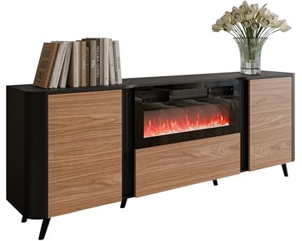 Mirjan24 Kommode Volkiro 200 EF mit Elektrischem Kamin mit Heizung, Realistische LED-Flamme, 3 Türen, Mehrzweckschrank, Highboard, Anrichte (Schwarz/Nuss)