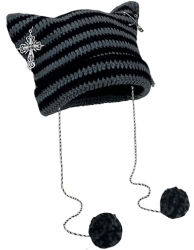 Dinghaole Y2k Beanies gehäkelte Strickmütze für Katzen,Crochet Knitted Hats,Gothic-Kreuz, Teufelsmütze,Fuchs Strickmütze,gestreift,Slouchy Beanies für Damen Mädchen,y2k cat Beanie