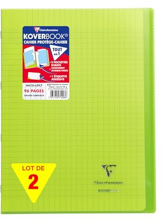 Clairefontaine 971403AMZC Lot de 2 Cahiers Agrafés Koverbook - A4 21x29,7 cm - 96 Pages Grands Carreaux - Papier Blanc 90 g - Couvertures Polypro vert
