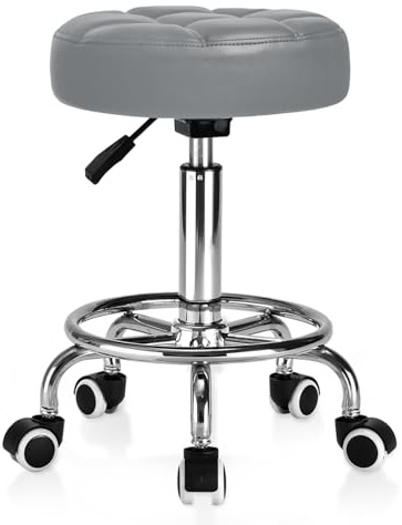 YEEZEE Rollhocker Höhenverstellbar mit 8cm-Dickem Polster für Büro, Grau | Weiches PU-Leder, 150kg Traglast & 50-64cm Verstellbar, 360°-Drehung, Hocker mit Rollen, Ideal für Salon, Tattoo, Medizin