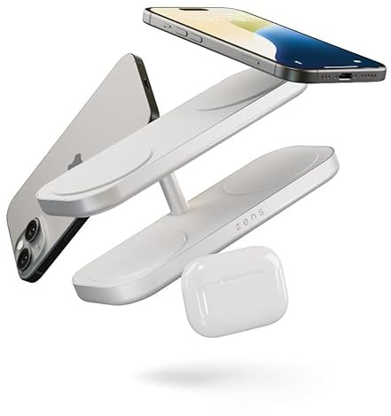 Zens Quattro Wireless Charger Pro 4, MagSafe and Qi2 15 W Wireless Charger for iPhone, AirPods, Includes 65 W Power Adapter (EU, UK, US) and 1.5 M Integrated Cable, White