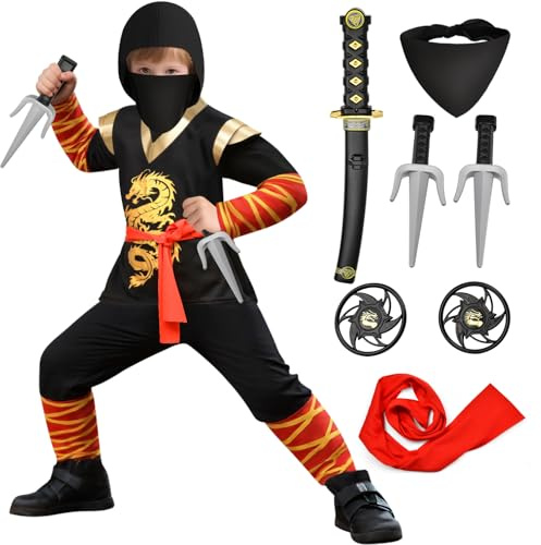 Tacobear Déguisement Ninja Enfant avec Jouet Ninja Accessoires Deguisement Halloween Noël Carnival Costume Ninja Vêtements pour Garçon Fille (120, 4-5 Ans)