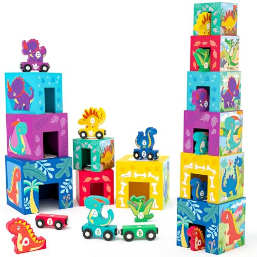 Atoylink Dinosauro Giochi Montessori, Cubi Impilabili di Giocattoli per Bambini con 6 Cubi Impilabili & 6 Dinosauro & 6 Trenino Legno, Giochi Legno Giocattolo Educativo Regali per Bambini