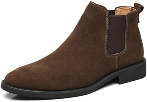 WAMIZEU Chelsea - Botas para hombre, de piel de gamuza, elásticas, sin cordones, con forro de felpa, cómodas, cálidas, de piel de vacuno, 3 marrones, 45 EU