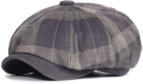 WENYOG Schiebermützen Herbst Winter Plaid Dicke Newsboy Hut Cord Baskenmütze(Gray)