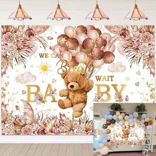 TENCOW Toile de fond pour baby shower « We Can Bearly Wait » avec motif bohème floral et ours, décorations pour fête prénatale, bannière, accessoires photo pour nouveau-né (2,4 x 1,8 m : 96 x 72