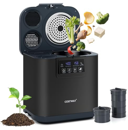 COSTWAY Composteur Cuisine Électrique Intelligent 4 L, Poubelle Compost Cuisine Automatique Rapide de Comptoir avec Affichage LED, Auto-Nettoyage, Bac à Compost Intérieur Extérieur, Noir