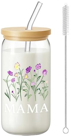 Gemdoit Glas mit Deckel und Strohhalm, 500 ml Latte Macchiato Glasbecher, Muttertagsgeschenk, Geschenk für Mama, Trinkglas für Eiskaffee, Matcha, Cappuccino und Cocktails mit Reinigungsbürste