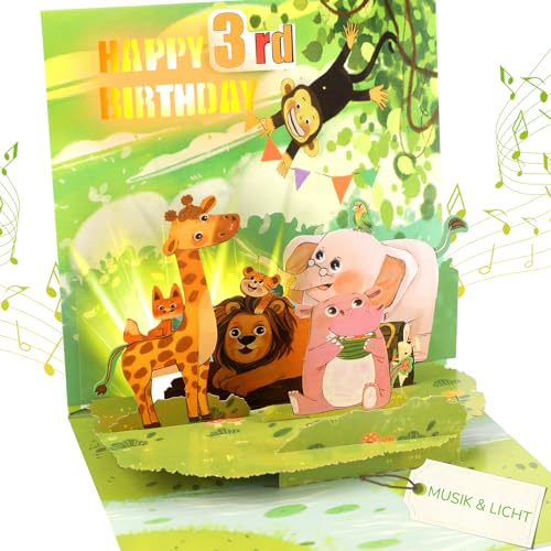 Carte d'anniversaire musicale pour enfants de 3 ans, animaux 3D, 3ème carte d'anniversaire avec musique et lumière, carte pop-up chantante pour 3e anniversaire, pour garçons et filles