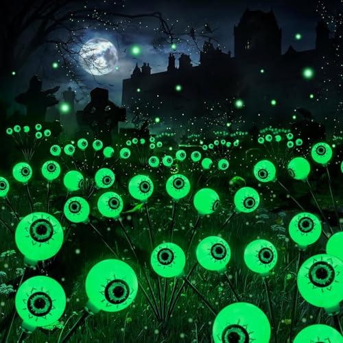 2 Stück Halloween Deko Licht Outdoor, 6 LED Augapfel Halloween LED Lichter, Solar Gartenlichter, Hallo-ween Dekoration, Hallo-ween Deko für Vorgarten Terrasse Rasen Garten Partydekor (Grün)