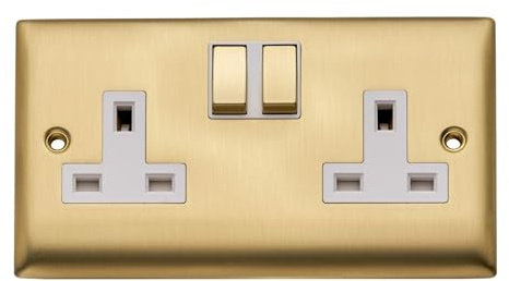 Britelite Double Switched Plug Socket, Brushed Brass, 13A | Type g UK wall outlet; 13 amp zinc made electrical hardware for home décor; includes 1 x socket and suitable fixings.
