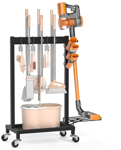 Broom Holder with Cleaning Supplies Organizer Load 160 LBS Cleaning Cart with Wheels Broom Closet Storage with 6 Mop Hanger Grippers, 3 Double-Hooks, Vacuum Stand for Laundry Garage Organization