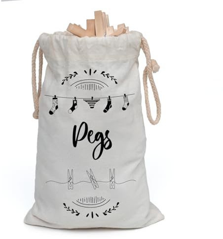 Flatro Clothes Peg Bag for Washing Line with Wooden Pegs (100 Pcs) | Laundry Pegs for Effortless Clothes Hanging & Cotton Bag with Drawstring for Peg Storage | Peg Bags for Washing Line