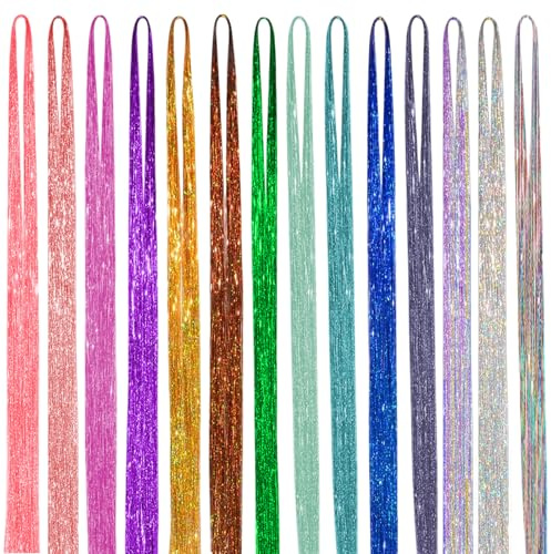 14 Farben 4200 Stränge Hair Tinsel, Glitzer Haarsträhnen, Haar Lametta Kit für Frauen Cosplay Party Zubehör(93 cm/36.61 in)