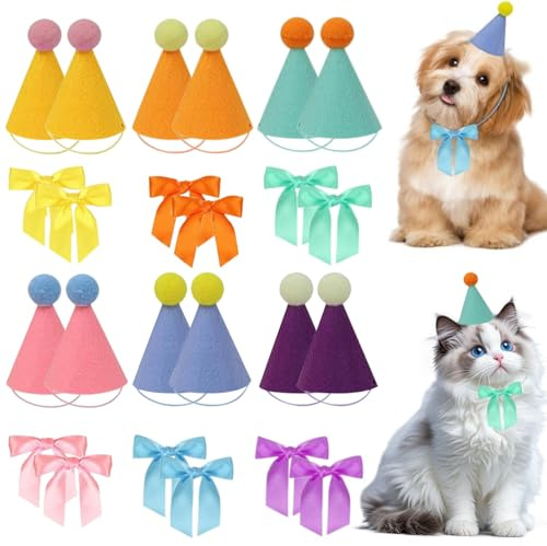12 Pezzi Cappellini Festa Compleanno Bambini Set di Cappelli per Feste di Compleanno Mini Cappellini per Peluche Pompon Cappello di Carta Cono Colorati Compleanno Cani Gatti Accessori Vari per Animali