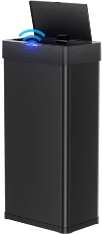 LIFERUN Poubelle de cuisine avec capteur, 60 l, couvercle électrique avec anneau de serrage pour sacs poubelles, poubelle automatique sans contact, en acier inoxydable, noire